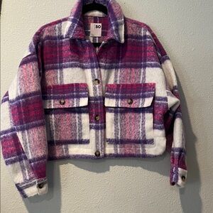 Shacket, Women's Vibrant Purple and Cream Oversized Plaid Cropped Jacket
Sz S